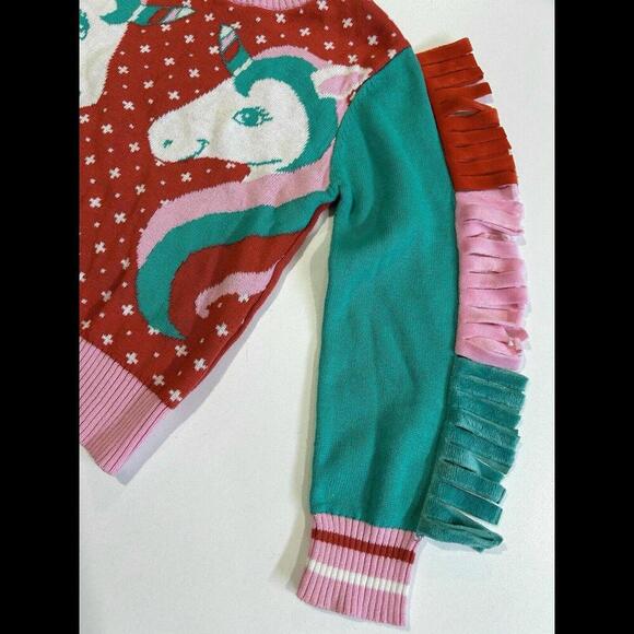 Well Worn Toddler Girls Unicorn Holiday Sweater 2T Red Green Pink Velour Fringe - Picture 2 of 9